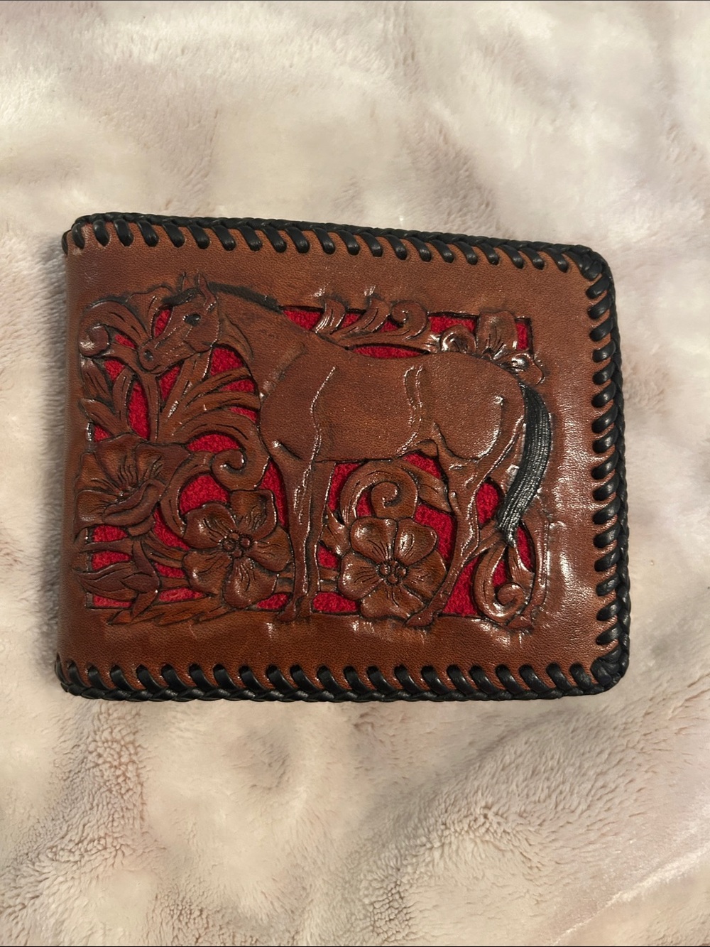 Handcrafted Tooled Leather Horse Bifold Wallet in Brown & Red